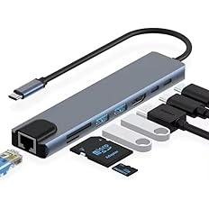 Amegon AMUH07A USB-A to 8 in 1 Multifunction Hub USB 3.0, USB3.0 X 7: 5Gbps; USB C, USB CX1: 5V/3a Extra Power, Wide Compatibility: Laptop, Flash Drive, Keyboard, Mouse, Card Reader, HDD & More