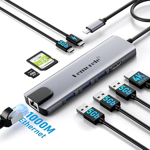 Amegon 7 in 1 USB Type-C Hub Multiport Adapter, USB Type C to 4K@30Hz HDMI, 100Mbps Ethernet, 2 USB 3.0 Ports, 100W PD and SD/TF Cards Reader Adapter for MacBook, iPhone 15 Pro Max, Laptop, Desktop