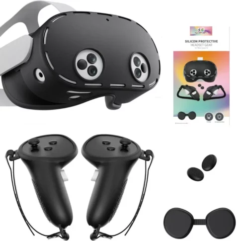 META QUEST 3S SILICON COVER PROTECTION SET WATERPROOF (6 IN 1), HEADSET SHELL COVER, TOUCH CONTROLLER GRIPS COVER, LENS PROTECTOR AND JOYSTICKS COVER (BLACK)
