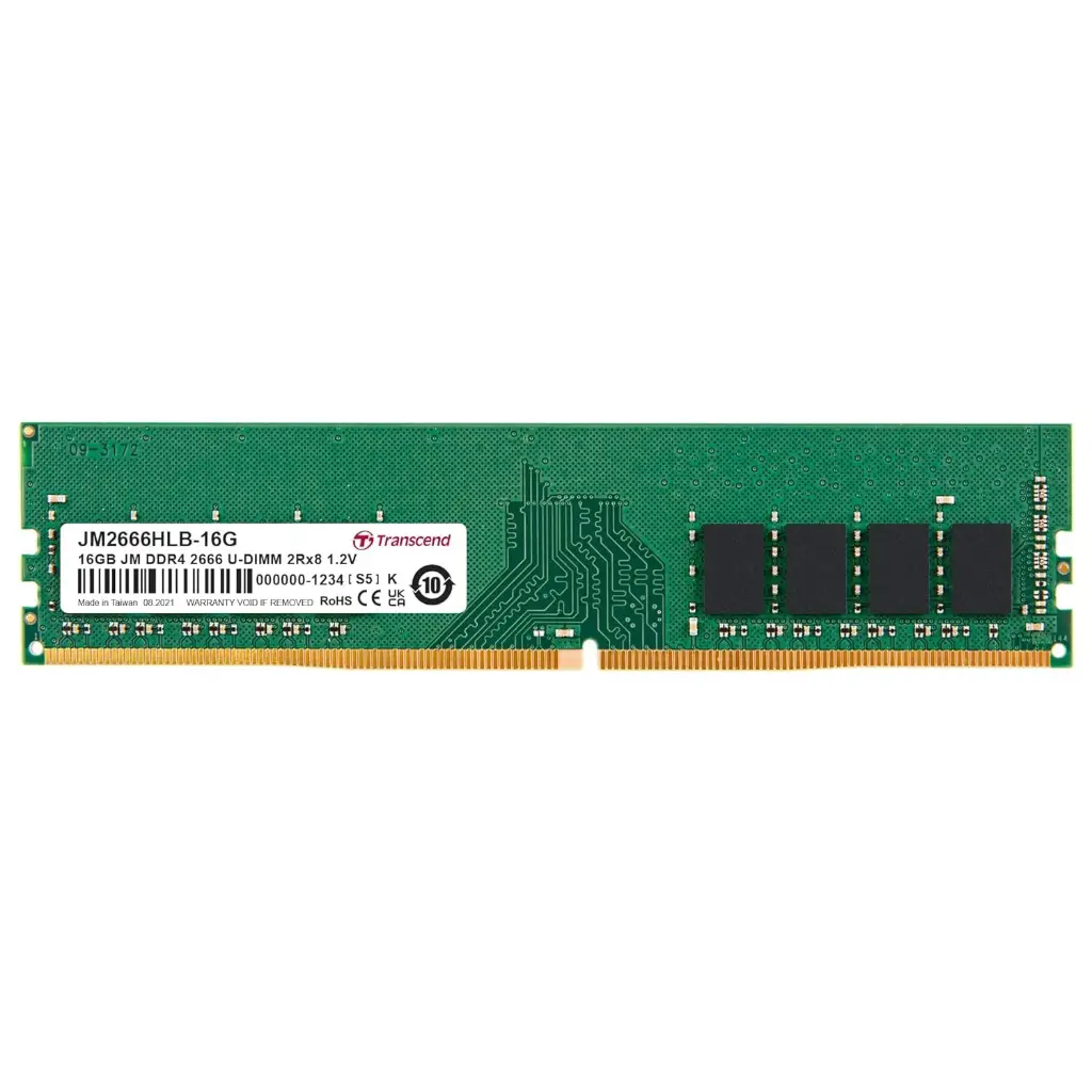 TRANSCEND 16GB DDR4 2666 DESKTOP MEMORY, JETRAM MEMORY, DRAM CHIPS UP TO 21GB/S - 288 PIN, 2RX8, CL19, DIMM TYPE - UNBUFFERED LONG-DIMM - U-DIMM - JM2666HLB-16G