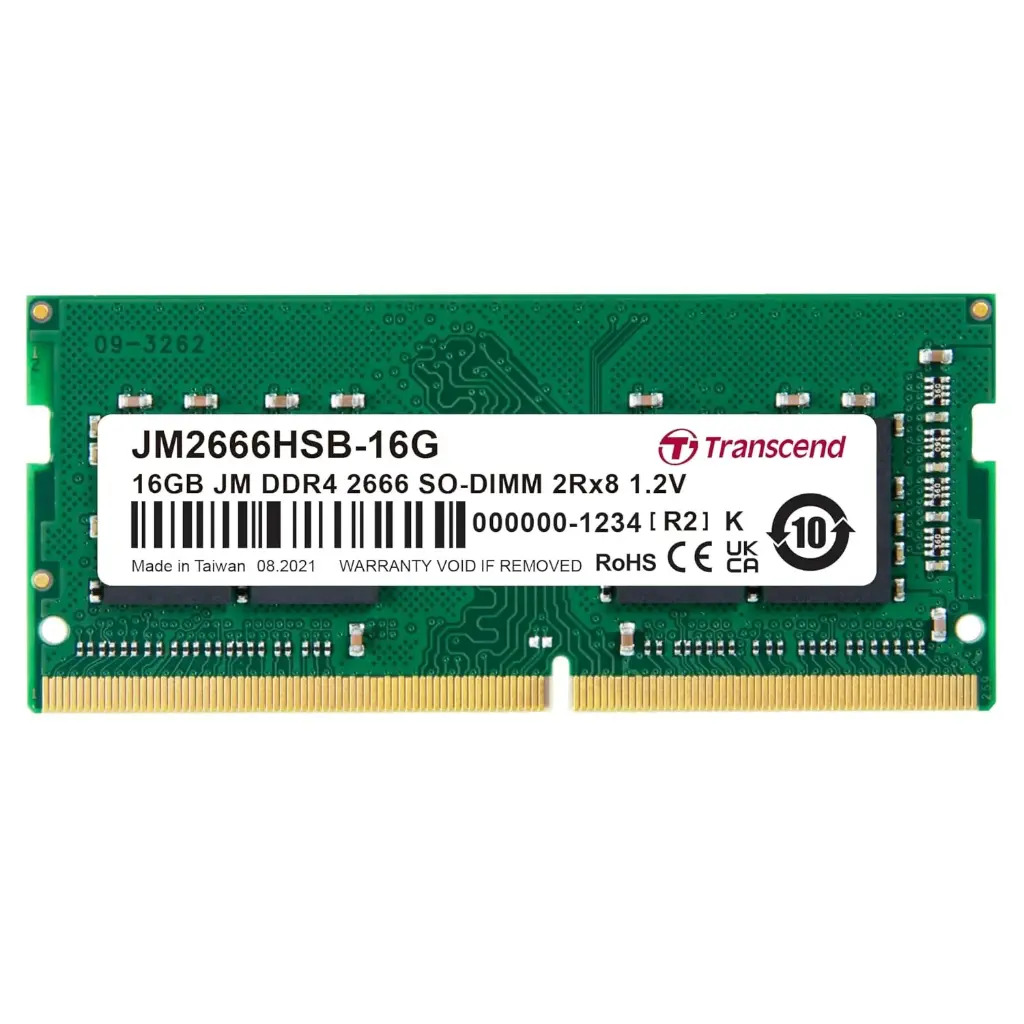 TRANSCEND 16GB DDR4 2666 LAPTOP MEMORY, JETRAM, DRAM CHIPS - UP TO 21GB/S - 1.2V, 260 PIN, 2RX8, CL19, DIMM TYPE - UNBUFFERED SO-DIMM MEMORY - JM2666HSB-16G