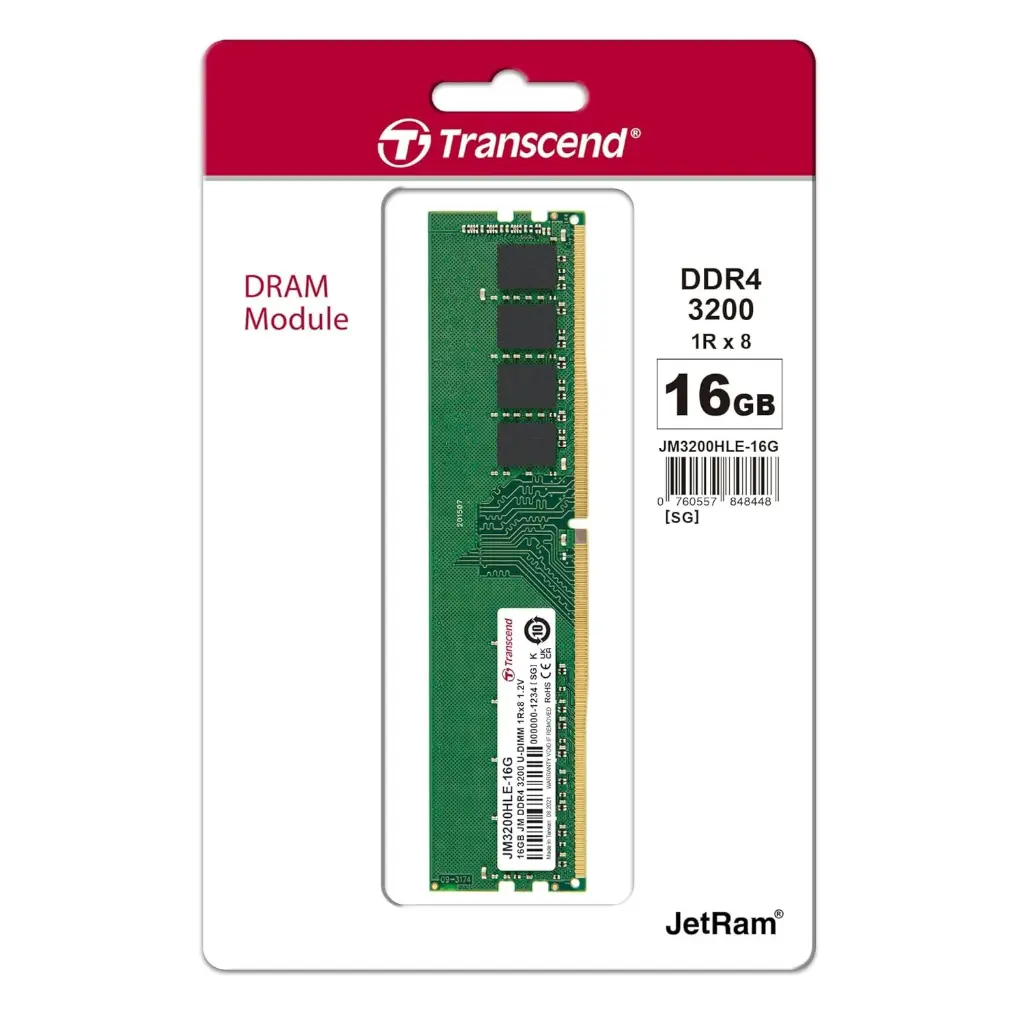 TRANSCEND 16GB DDR4 3200 MHZ DESKTOP MEMORY, UP TO 25.6GB/S. - 288 PIN, 1.2V, 1RX8, CL22 DIMM TYPE - UNBUFFERED LONG-DIMM MEMORY - JM3200HLE-16G