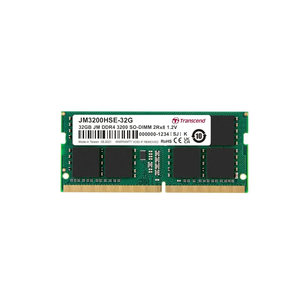 TRANSCEND 32GB DDR4 3200 MHZ LAPTOP MEMORY, UP TO 25.6GB/S. - 260 PIN, 1.2V, 2RX8, CL22 DIMM TYPE - UNBUFFERED SO-DIMM MEMORY - JM3200HSE-32G