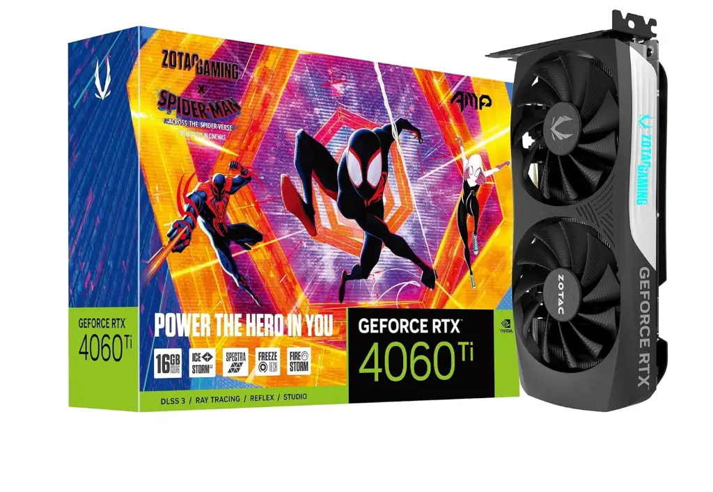 ZOTAC GAMING GEFORCE RTX 4060 TI 16GB AMP SPIDER-MAN: ACROSS THE SPIDER-VERSE INSPIRED GRAPHICS CARD BUNDLE, ZT-D40620F-10SMP