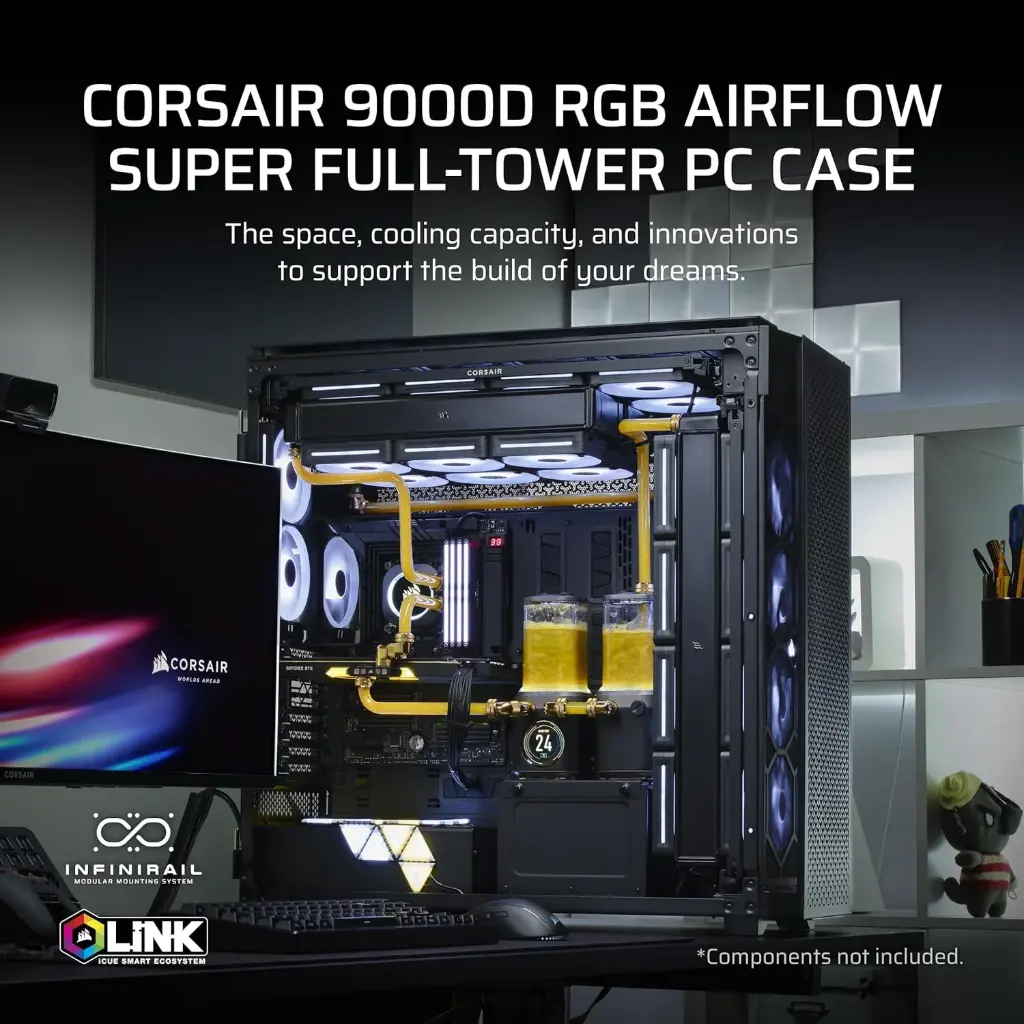 CORSAIR 9000D RGB Airflow Super-Tower PC Case - Large Interior - InfiniRail™ Fan Stand System - No Fans Included - iCUE Link System Hub Included - Black