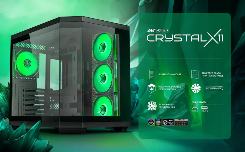 Ant Esports Crystal X11 Gaming Computer case Mid-Tower Cabinet Compatible with Computer  (Black)
