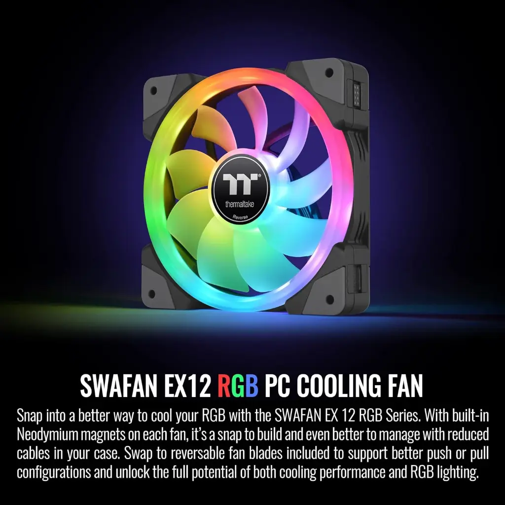 Thermaltake SWAFAN EX 12 RGB PC Desktop Cooling Fan, 3 Pack, 500-2000 RPM, Magnetic Connection, Reversable Blades, Controller Included, CL-F143-PL12SW-A...