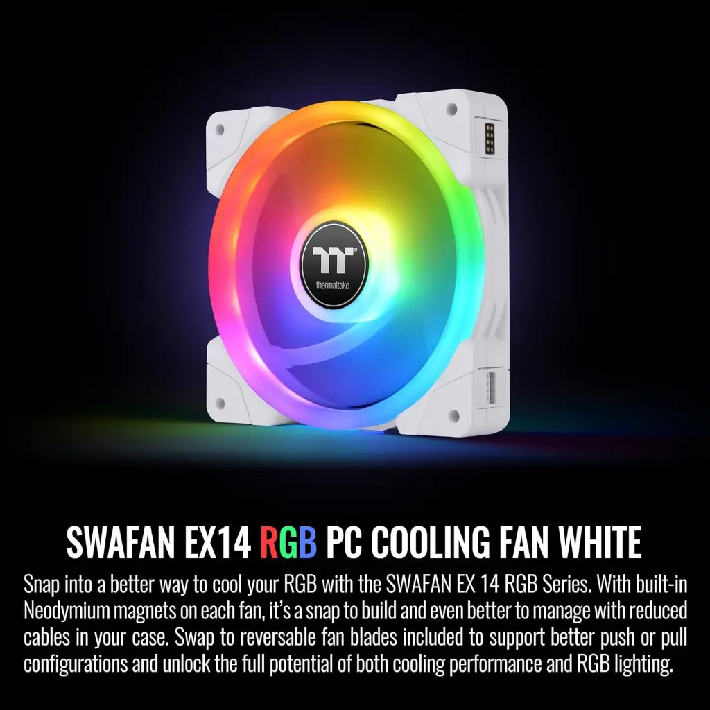 Thermaltake SWAFAN EX 14 RGB PC Cooling Fan White, 500~2000 RPM, Magnetic Connection, Reversable Blades, Controller Included, CL-F162-PL14SW-A, 140mm, 3 Pack