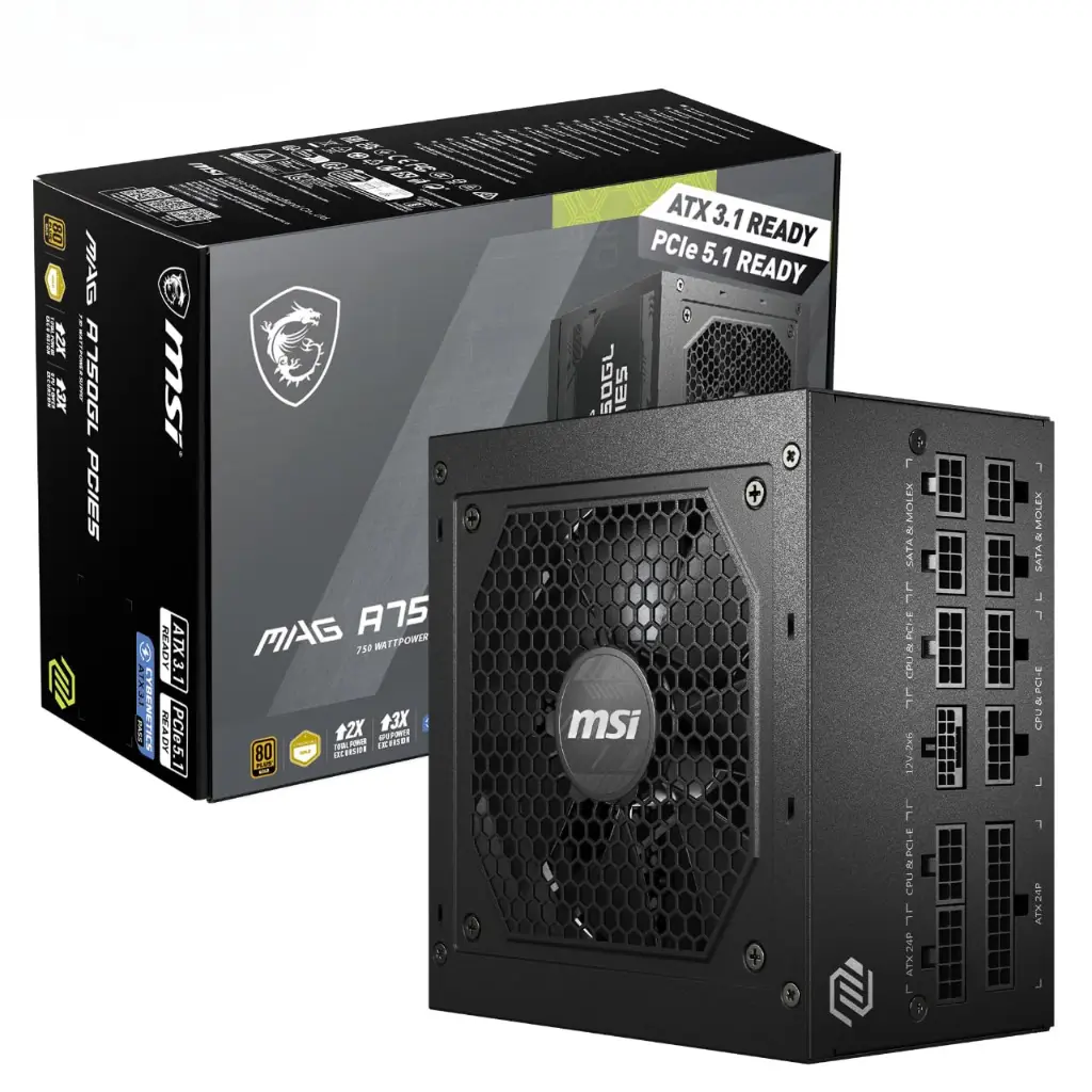 MSI MAG A750GL PCIE5 Power Supply Unit, 750W, 80 Plus Gold, Fully Modular, ATX 3.1, PCIe 5.1 GPU Support, 120mm FDB Fan, Full-Bridge LLC, Flat Black Cables...