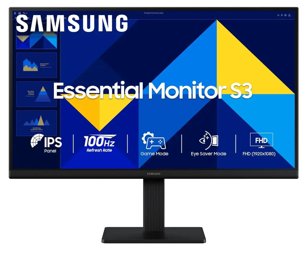 Samsung 22" (54.6 cm) S3 Flat Monitor|Super Slim Borderless Design|IPS Panel|FHD 1920 x 1080|100 Hz|5 ms|Ports-HDMI,VGA|Game Mode|Eye Saver Mode||Wall...