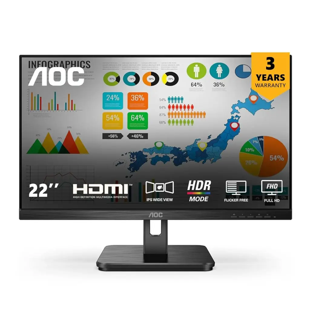 AOC 22E2H 22" Gaming Monitor Full HD VA Panel 175Hz Refresh Rate, 4ms, Adaptive Sync, Flicker-Free, HDR Support, Height Adjustable, 3-Sided Frameless...