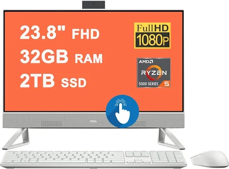 Dell Inspiron 24 5415 AIO Desktop 23.8" FHD Anti-Glare Touchscreen AMD 6-core Ryzen 5 5625U Processor (Beats i7-1255U) 32GB RAM 2TB SSD USB-C HDMI