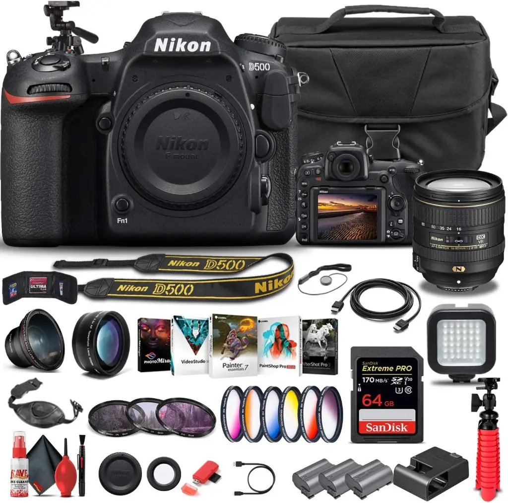 Nikon D500 DSLR Camera (Body Only) (1559) + Nikon 16-80mm Lens + 64GB Memory Card + Case + Corel Photo Software + 2 x EN-EL 15 Battery + LED Light + Filter...