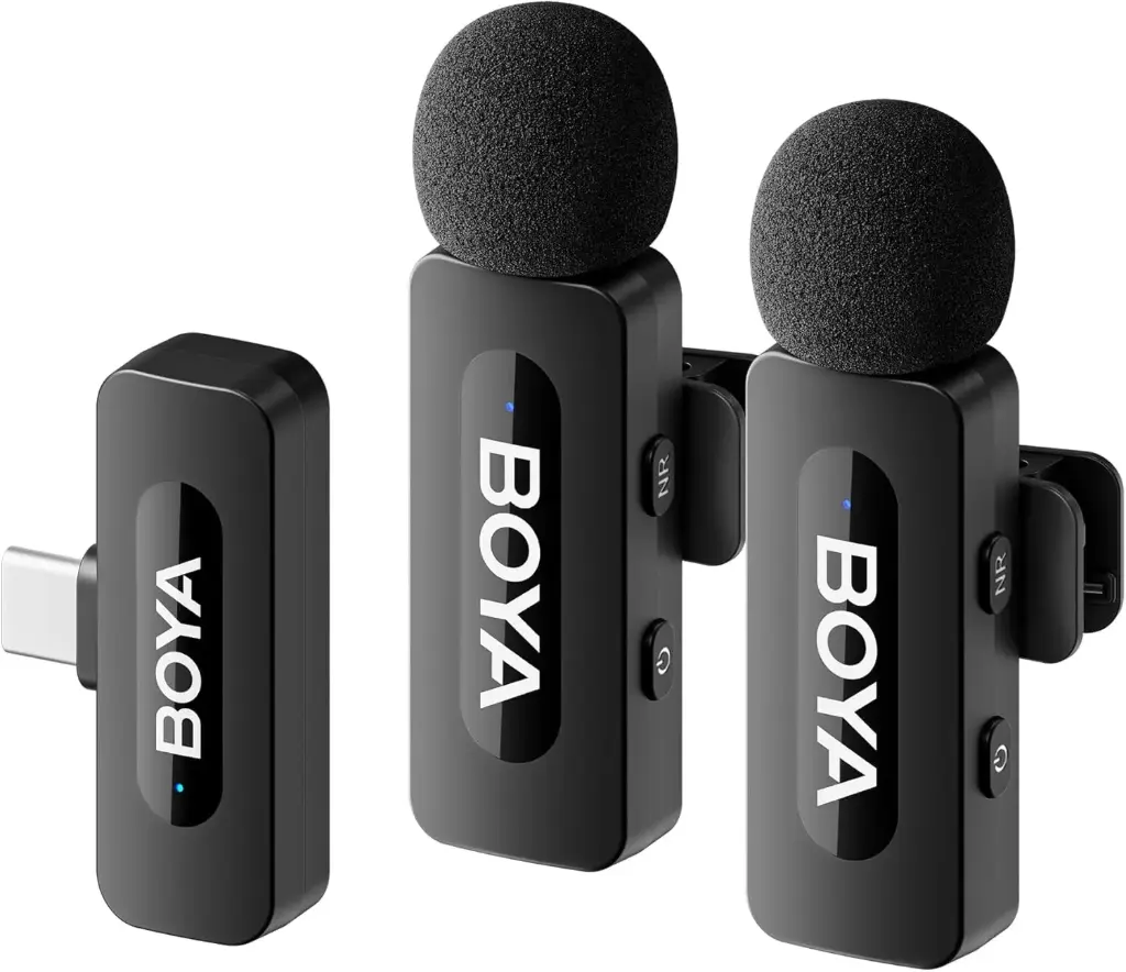 Boya BY-V20 2.4 ghz Omnidirectional Wireless Microphone System with 2 Transmitters & a Receiver for Android/Type-C Devices. 50m Range. for Vlog, Social...