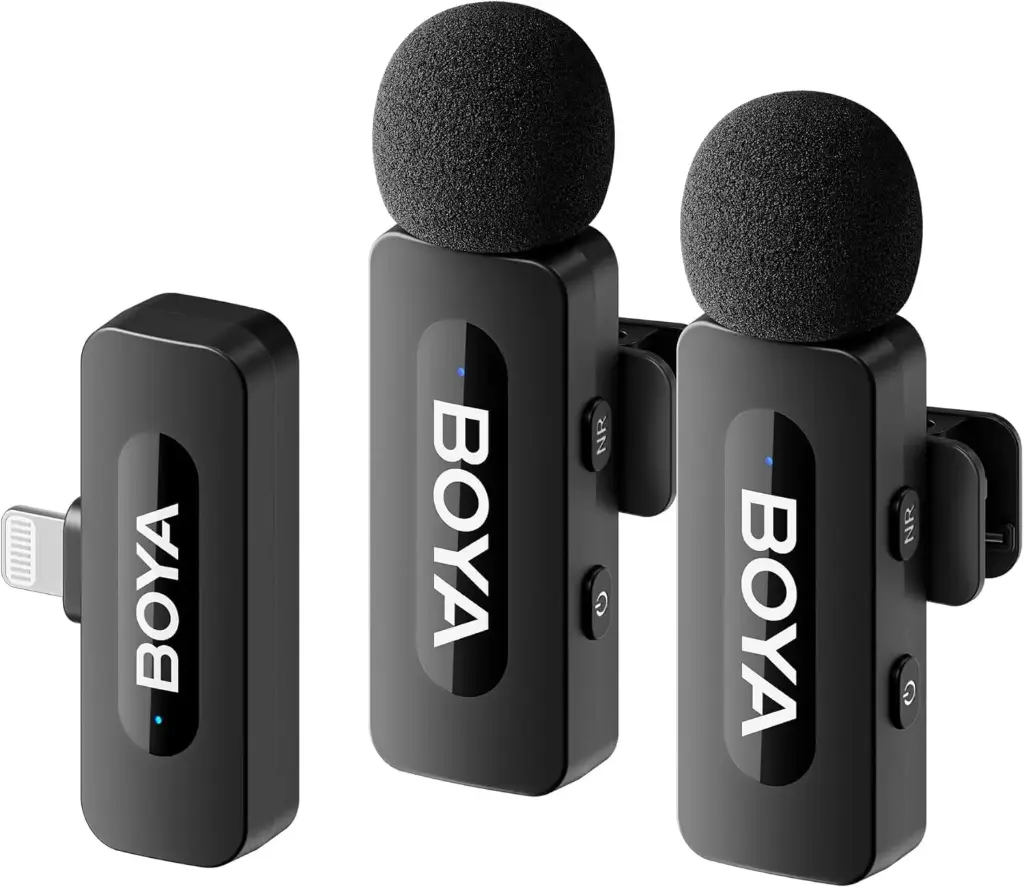 Boya by-V2 2.4 ghz Omnidirectional Wireless Microphone System with 2 Transmitters & a Receiver for iOS Devices. MFI Certified. for Social Media, YouTube...