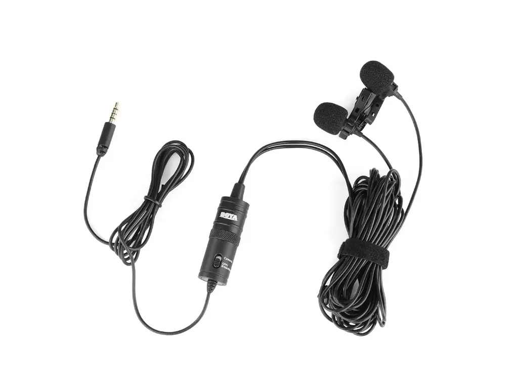 Boya BY-M1DM Dual Lavalier Universal Auxiliary Omnidirectional Microphone with a Single 1/8 Stereo Connector, 13ft Cable for Cameras and Smmartphones, Black