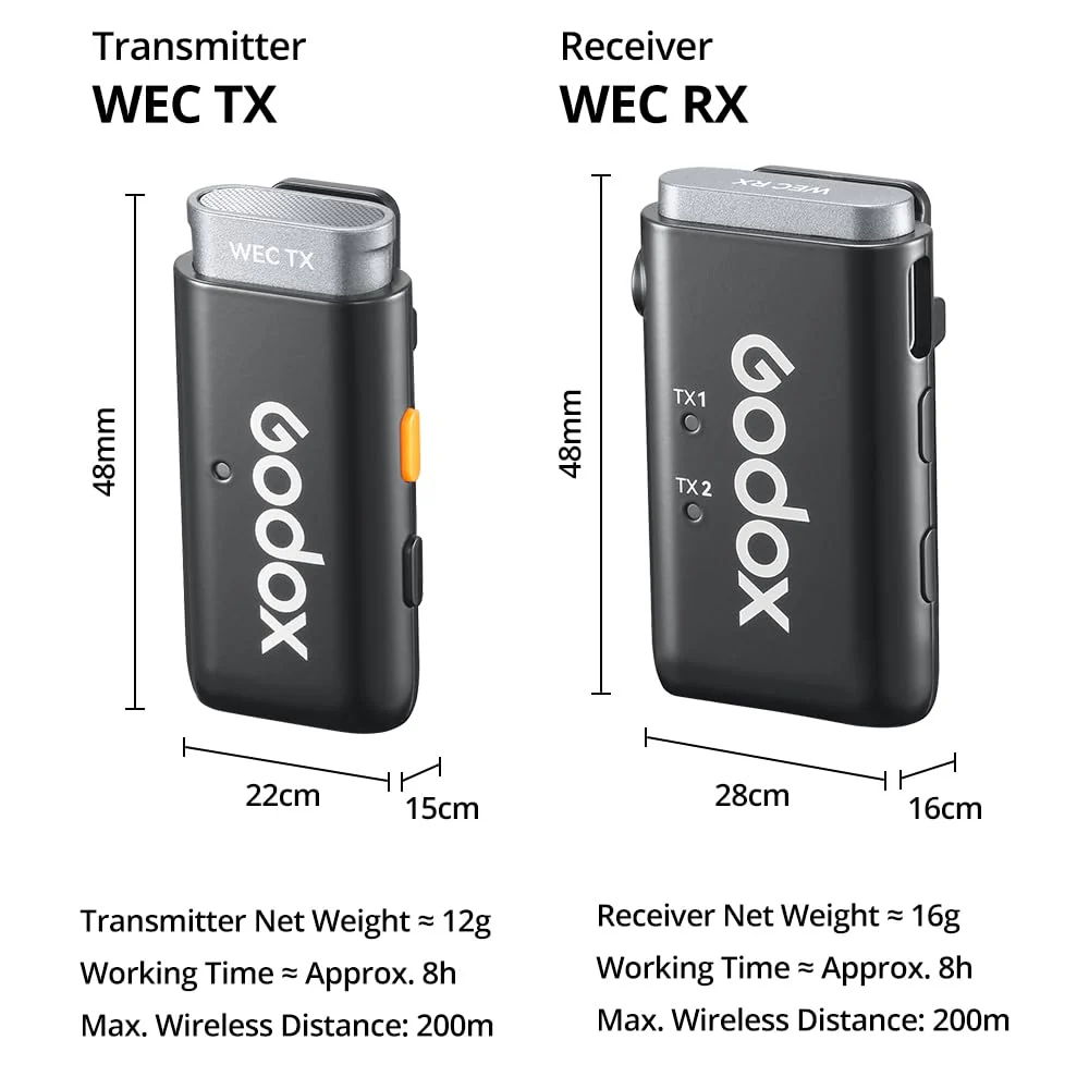 GODOX 2.4GHz Wireless Microphone System WEC kit2,One-Click oisecancellation,Exceptional Sound Quality,Digital Battery Display,Max 200m Los Range