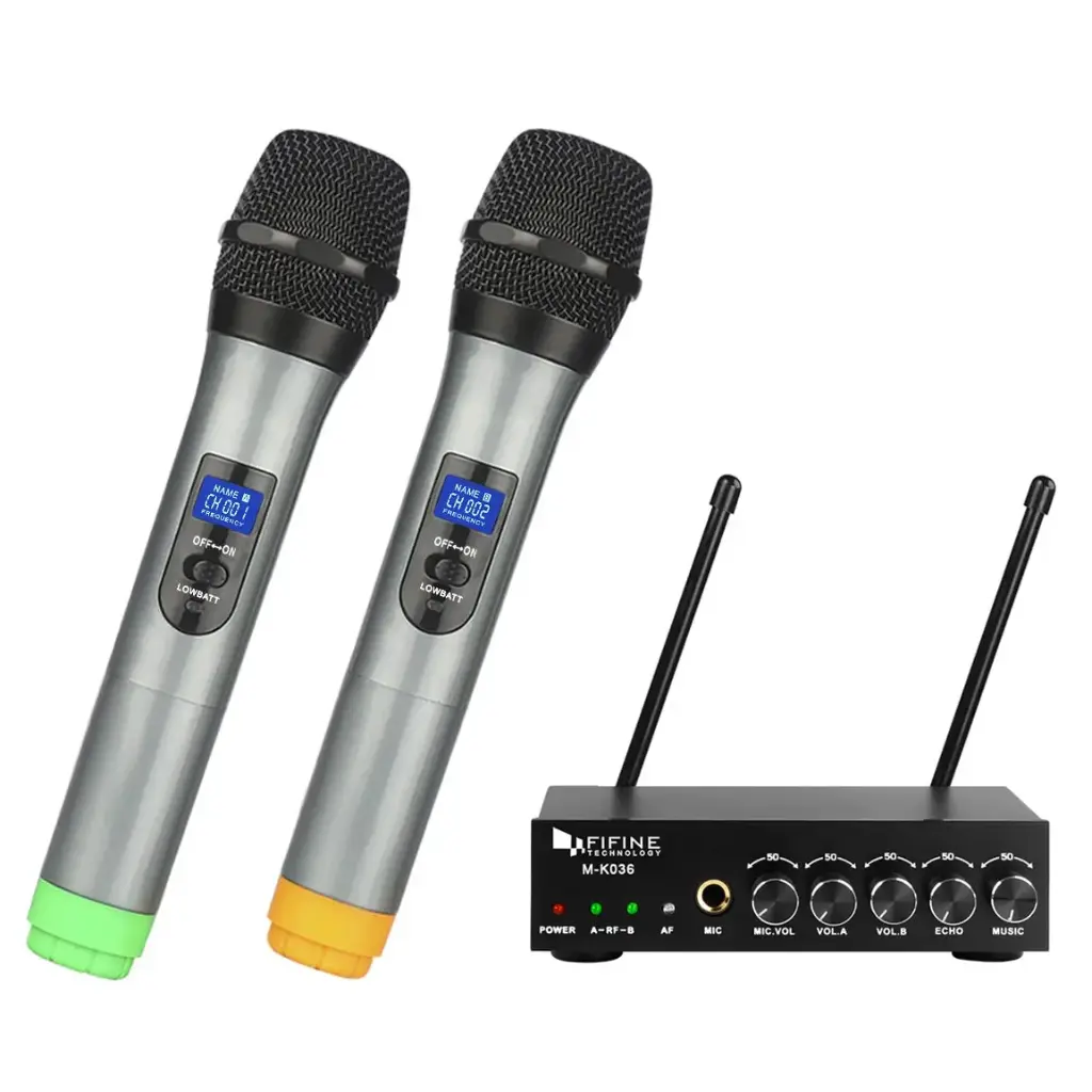 FIFINE K036 UHF Dual Channel Wireless Unidirectional Handheld Wireless Microphone (Grey)
