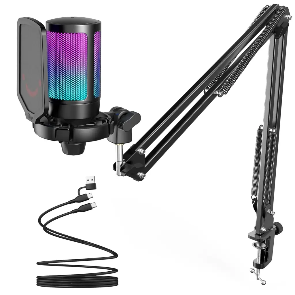 FIFINE USB Gaming Microphone Kit, Plug & Play for PC, PS4/5, 192 kHZ Condenser Cardioid Microphone Set with Mute Button, Volume Gain, RGB, Arm Stand,...