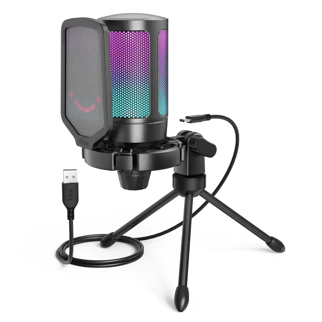 FIFINE Gaming USB Microphone for PC PS5, Condenser Mic with Quick Mute, RGB Indicator, Tripod Stand, Pop Filter, Shock Mount, Gain Control for Streaming...