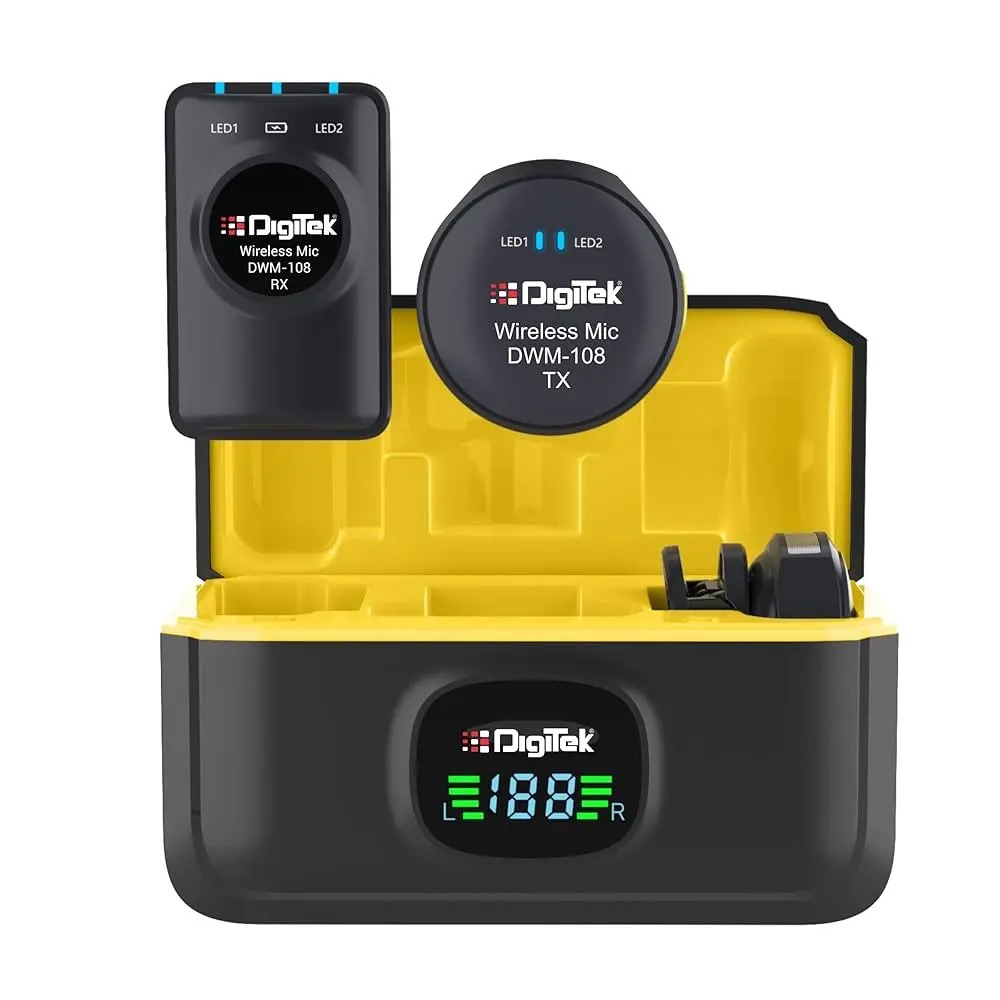 Digitek® DWM-108 2-in-1 Wireless Microphone System, 360° Sound Capture, 50m Range, 10Hr Battery, Noise Cancellation, for DSLR, Android, iOS, Laptops,...