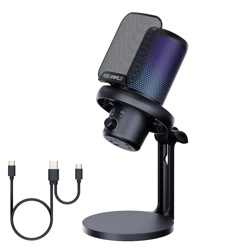 FEELWORLD VM1 Gaming PC USB Microphone Condenser Mic with Noise Cancellation Mute RGB Light, Computer Accessories Gifts for Gamer YouTube Twitch Podcast...
