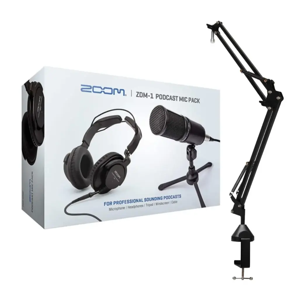Zoom ZDM-1 Podcast Microphone Pack with Headphones and Mic Cables Bundle with Boom Arm Microphone Stand (2 Items)