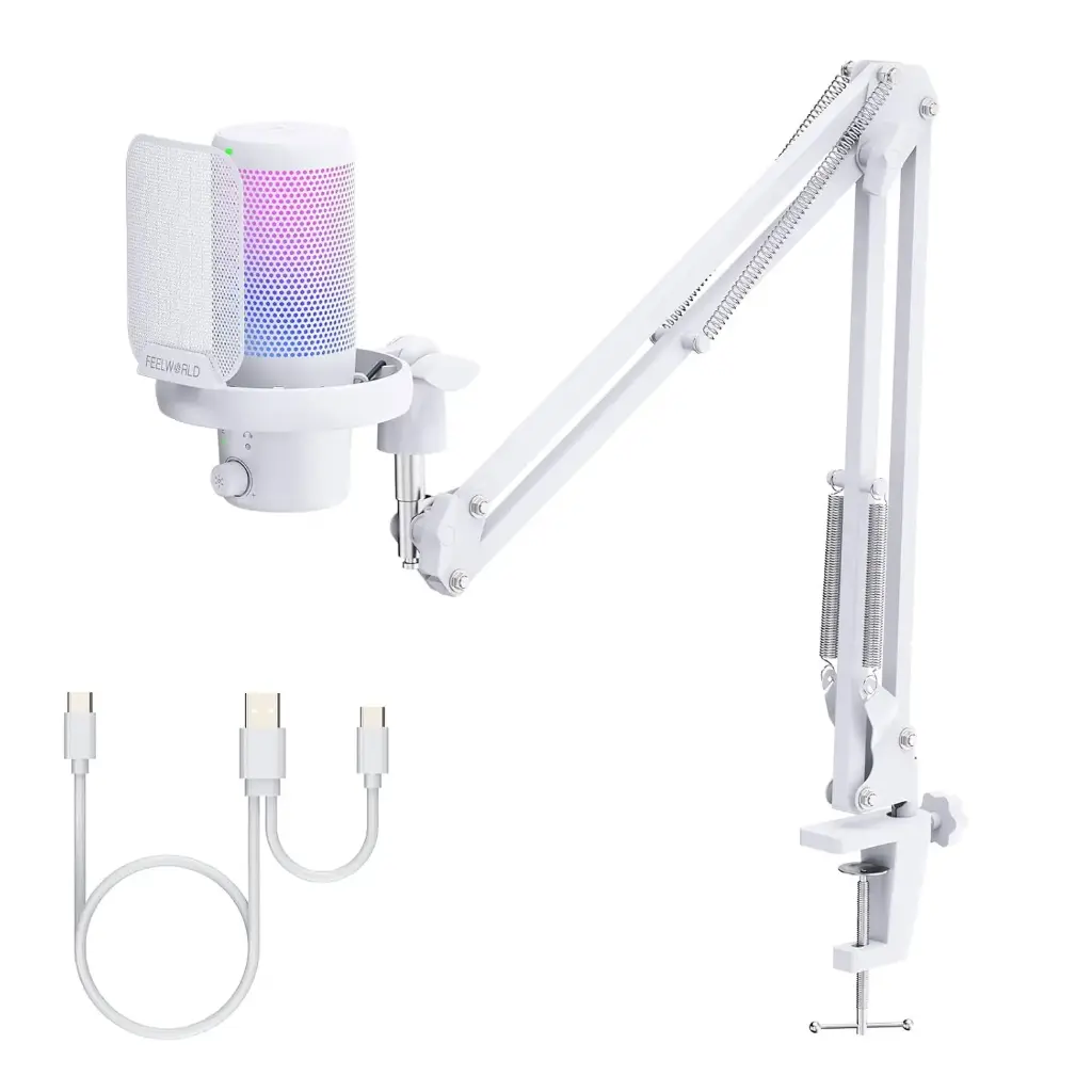 FEELWORLD VM1 White Gaming PC USB Microphone Condenser Mic with Noise Cancellation Mute RGB Light, Computer Accessories Gifts for Gamer YouTube Twitch...