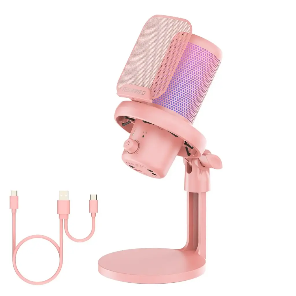 FEELWORLD VM1 Pink Gaming PC USB Microphone Condenser Mic with Noise Cancellation Mute RGB Light, Computer Accessories Gifts for Gamer YouTube Twitch...