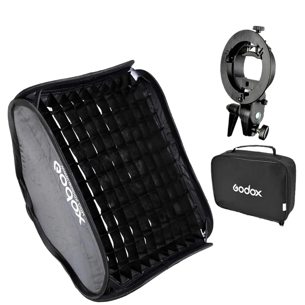 Godox S Type Bracket Bowens Holder S Mount Holder with Foldable 60x60cm /24x24 inches Softbox and Honeycomb Grid & Bag Kit for Flash Camera Studio...