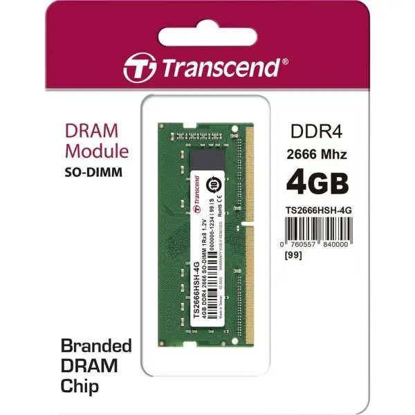 Transcend TS2666HSH-4G 4GB DDR4 2666 SO-DIMM 1Rx8 512Mx8 CL19 1.2V