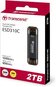 Transcend TS2TESD310C 2TB, Portable SSD, USB 10Gbps, USB Type A & C, Up to 1,050MB/s, cable-less