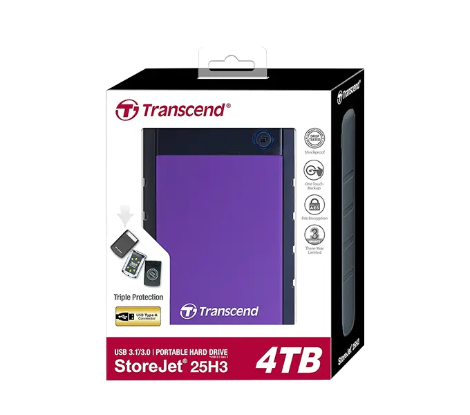 Transcend TS4TSJ25H3P 4TB, 2.5" External HDD, StoreJet H3, Purple, Anti-shock