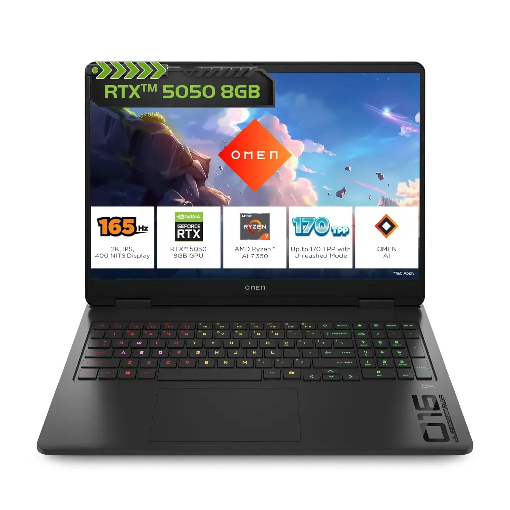 HP Omen, AMD Ryzen AI 7 350, 8GB RTX 5050 Gaming Laptop,(24GB DDR5, 1TB SSD) 60-165Hz,3ms,400 nits,16'(40.6cm) 2k, Win11, M365 Basic(1 Year) Office24, Black, 2.44kg, RGB, Tempest Cooling, ap0165AX
