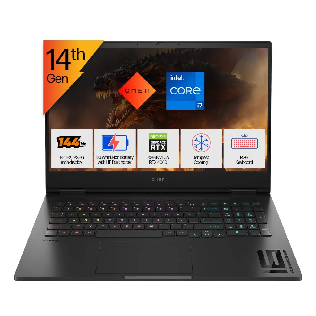 HP OMEN Gaming, 14th Gen Intel Core i7-14650HX, 8GB RTX 4060 (16GB DDR5, 1TB SSD) FHD, 144Hz, IPS, 16.1-inch (40.9 cm) Win11, Office21, Black, 2.39 kg, wf1150TX, RGB KB, Tempest Cooling Gaming Laptop
