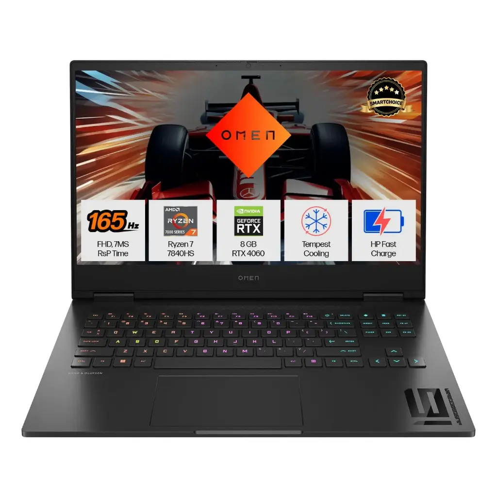HP Smartchoice Omen AMD Ryzen 7 7840Hs, 8GB RTX 4060 (16GB DDR5, 1TB SSD) FHD, 165Hz, 300Nits, IPS, 16.1''/40.9cm, Win11, Office 21, Black, 2.32kg, Xd0020ax, RGB kb, Tempest Cooling, AI Gaming Laptop
