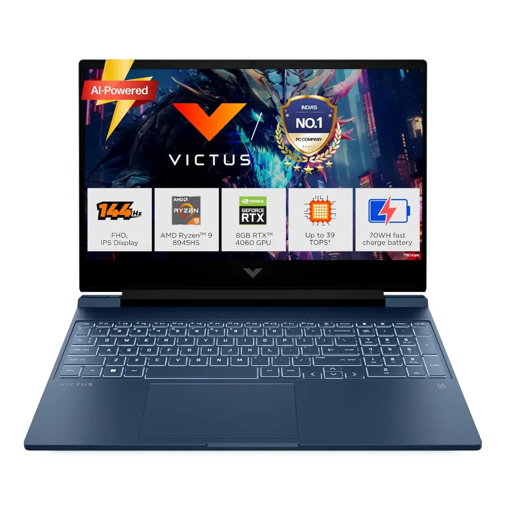 HP Victus, AMD Ryzen 9-8945HS, 8GB RTX 4060, Upgrade (Upto 32GB) 16GB RAM, 1TB SSD, 144Hz, 300nits, IPS, 15.6"/39.6cm, FHD, Win11, M365* Office 24, Blue, 2.29Kg, Backlit, fb3025AX, AI Gaming Laptop
