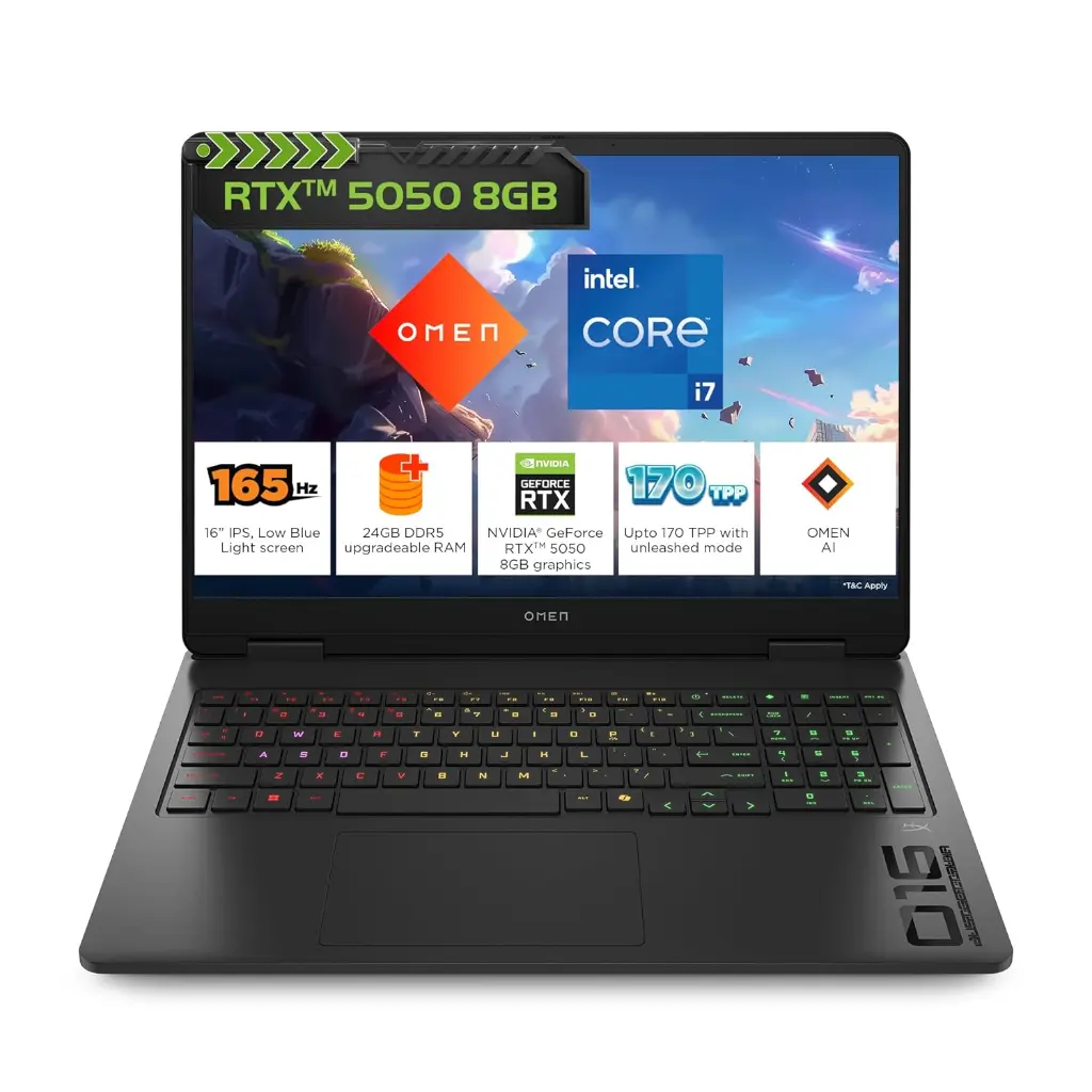 HP Omen, 14th Gen Intel Core i7-14650HX, 8GB RTX 5050, Upgrade (Upto 32GB) 24GB DDR5, 1TB SSD, 2k, 165Hz, 3ms, 400 nits, 16''/40.6cm, Win11, M365* Office24, Black, 2.43kg, am0241TX, RGB, Gaming Laptop
