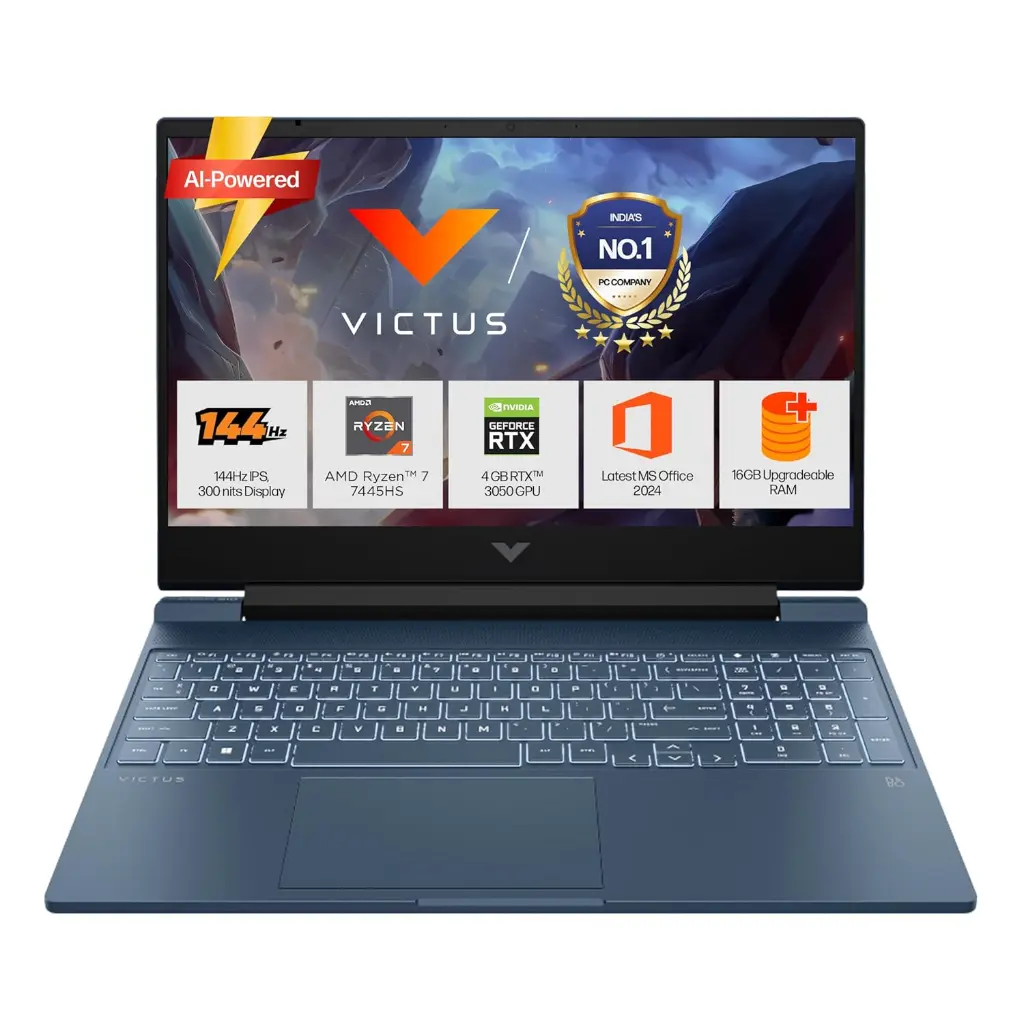 HP Victus, AMD Ryzen 7 7445HS, 6GB RTX 3050,Upgrade (Upto 32GB) 16GB DDR5, 512GB SSD, FHD, 144Hz, 300 nits, IPS, 15.6''/39.6cm, Win 11, M365* Office24, Blue, 2.29kg, fb3134AX, fb3120ax, Gaming Laptop
