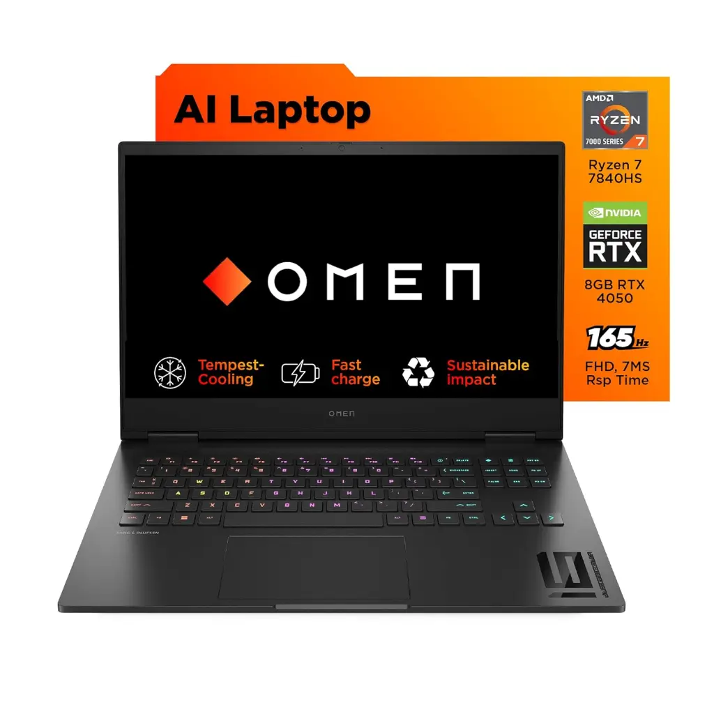 HP OMEN, AMD Ryzen 7-7840HS, 6GB NVIDIA GeForce RTX 4050 Gaming Laptop (16GB RAM, 1TB SSD) 165Hz, IPS, 16.1"/40.9cm, Win 11, MS Office 2021, Black, 2.37Kg, RGB Keys, Tempest Cooling, xd0015AX
